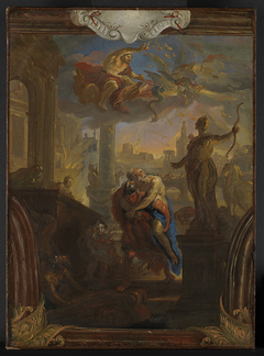 Äneas rettet seinen Vater Anchises aus dem brennenden Troja, am Himmel Vulkan auf seinem Wagen