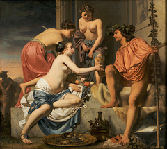 Bacchus on a Throne − Nymphs Offering Bacchus Wine and Fruit by Caesar van Everdingen