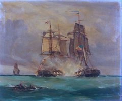 Battle Scene in the English Channel between American Ship 'Wasp' and the English Brig 'Reindeer' by Thomas Whitcombe