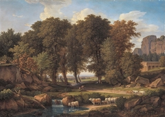 Baumgruppe mit Kühen an der Tränke by Johann Christian Reinhart
