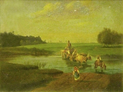 Bullock Cart crossing a River by Unknown Artist