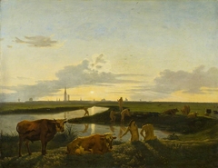 Canal Landscape with Figures Bathing by Hendrick ten Oever