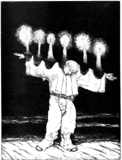 "Candleman" etching and aquatint by Henryk Fantazos
