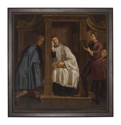 Drie gescheiden taferelen voorstellende sacramenten van biecht, eucharistie en laatste zalving by anonymous painter