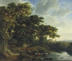 Edge of a Wood with a Stream and Cattle by Simon de Vlieger