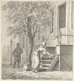 Een dienstmeid bezig een trap voor een huis schoon te maken