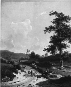 Een herder met schapen in een heuvelachtig landschap by Balthasar Paul Ommeganck
