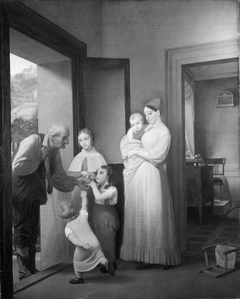 En gammel tigger ved døren får almisse af husets børn by Johann August Krafft