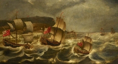 English ships in a rough sea rounding a headland by Anonymous