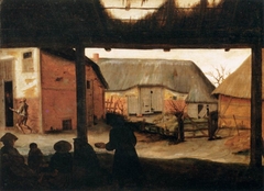 Farmyard with a Beggar by Cornelis van Dalem