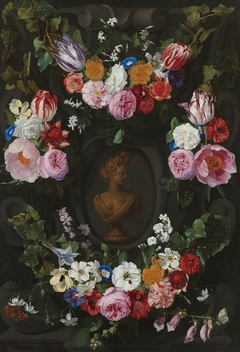Festoon of flowers encircling a bust of Flora
