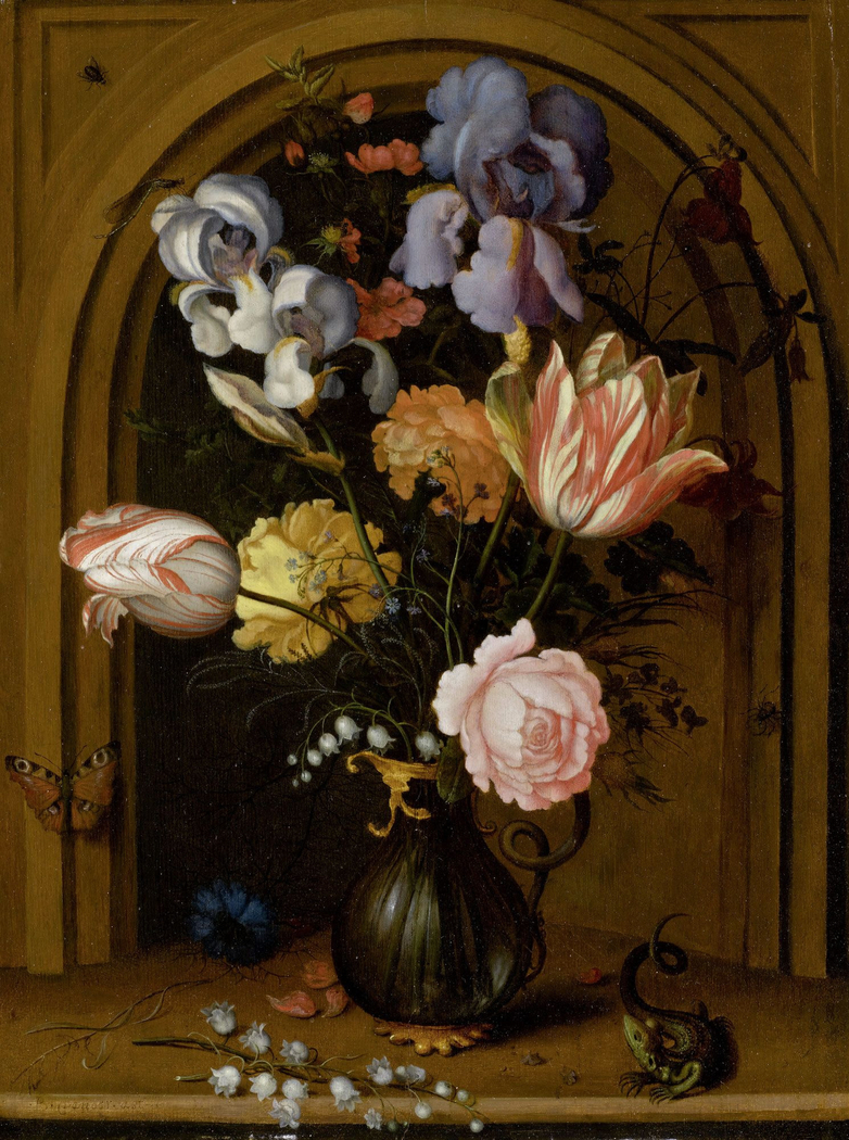 Flower Still Life in a Glass Vase in front of a Niche with Butterfly, Lizard, Fly and Dragonfly
