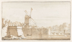 Gezicht op de molen van Rembrandt, de wallen bij de Morspoort en het Pelikaansbolwerk by Jan de Bisschop
