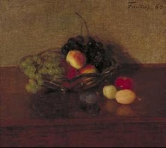 Glass bowl with white and blue grapes, peaches and plums by Henri Fantin-Latour