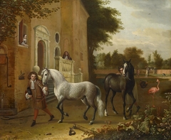 Grooms with Horses, a Grey and a Dark Bay, at Nijenrode Castle