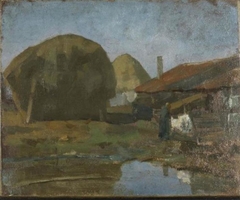 Haystacks, farm building and farm woman with the wash by Piet Mondrian