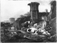 Hirten und Herden unter Ruinen by Johann Heinrich Roos