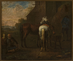 Horses in front of a tavern
