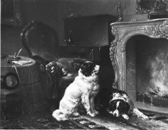 Hounds resting by a hearth