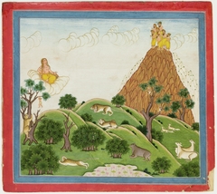 Illustrations to Life of Dhurva Maharaj: #22 Dhurva reaches the mountain of gold where 7 sacred Rishis who are called the Seven Stars receive him by Anonymous