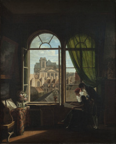 Interior with the artist at work and a view on the Église Saint-Eustache by Louise-Adéone Drölling