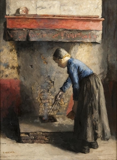 Jonge vrouw bij het vuur by Emanuël Samson van Beever