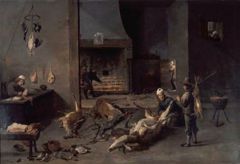 Kitchen interior with cooks preparing hunting game by David Teniers the Younger