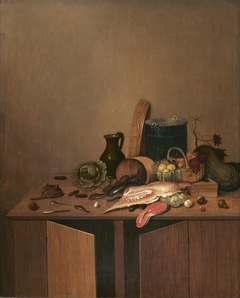 Kitchen still life with meat, fish and vegetables