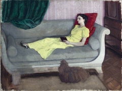 Lady Elizabeth Hester Mary Paget, later Lady von Hofmannsthal (1916 - 1980) (A Girl in a Yellow Dress on a Sofa with a Dog) by Rex Whistler