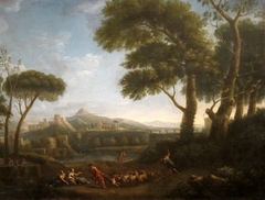 Landscape with Arcadian Figures and Imaginary Classical Buildings by workshop of Jan Frans van Bloemen