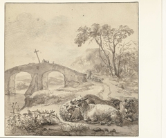 Landschap met liggende schapen en stenen brug by Jacob van der Does I