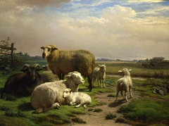 Landschap met schapen bij een hek by Frans Lebret