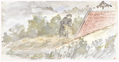 Landschap met vrouw en dak van een huis by Jozef Israëls