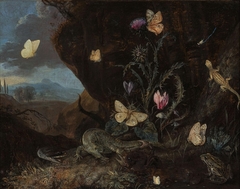 Landschap with insects, cyclamen and thistle