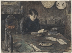 Lezende vrouw aan een tafel by Adolf le Comte