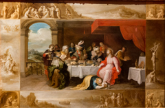 Mary Magdalene washes the feet of Christ in the house of Simon the Pharisee, surrounded by scenes from the life of the saint by Frans Francken the Younger