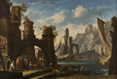 Mediterranean port with castle in ruins, ships and figures by Clemente Spera