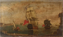 Men-of-war and a yacht in harbour by British School