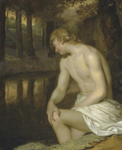 Narcissus gazing at his own reflection by Godfried Schalcken