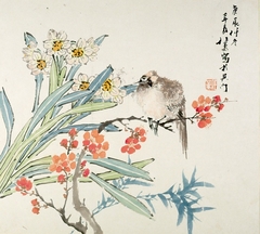 Narcissus, Plum Blossom, Bamboo, and Bird by Ren Xun