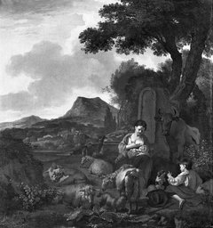 Nursing mother with a boy and a dog with sheep in a landscape