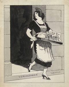 Ontwerp voor illustratie in De Amsterdammer: De Nederlandse Maagd als dienstmeid met een blad glazen struikelt over het afstapje Verkiezingen (17 Mei 1924) by Johan Braakensiek