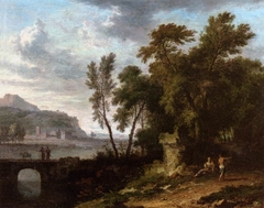 Paysage animé avec ruine et pont by Jan van Huysum