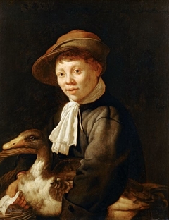 Portrait of a boy with a duck and a basket (myn oye faict tout) by Jacob Gerritsz Cuyp