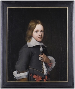 Portrait of an unknown boy in a grey suit by Wybrand de Geest