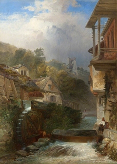 River with Watermill and Village beyond by James Vivien De Fleury
