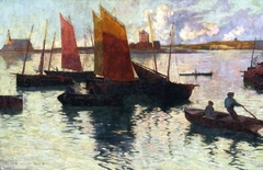 Sailboats and boats on the river. by Maria Schayer-Górska