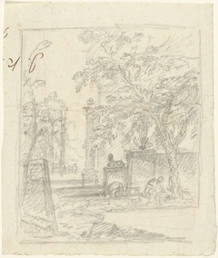 Schets van een tuin met obelisk en persoon bij vijver by Unknown Artist