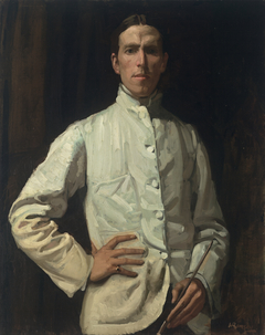 Self-portrait in white jacket by Hugh Ramsay