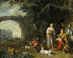Sportsman Offered Refreshment outside an Inn while His Dogs Rest after the Hunt by Abraham Hondius